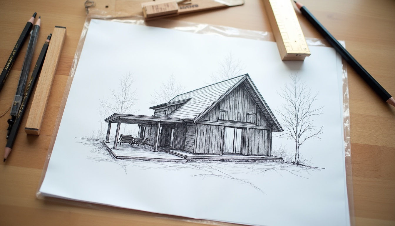 Architectural blueprint sketch of a modern A-frame house on a wooden table