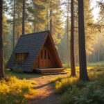 Beautiful tiny A-frame wooden cabin nestled in a peaceful forest clearing
