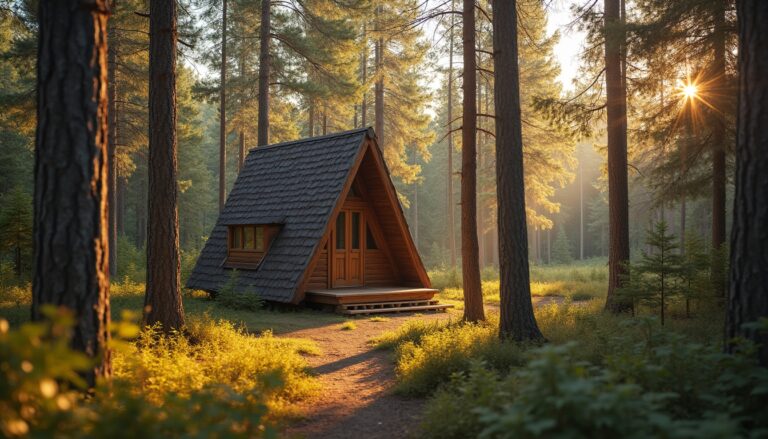 Beautiful tiny A-frame wooden cabin nestled in a peaceful forest clearing