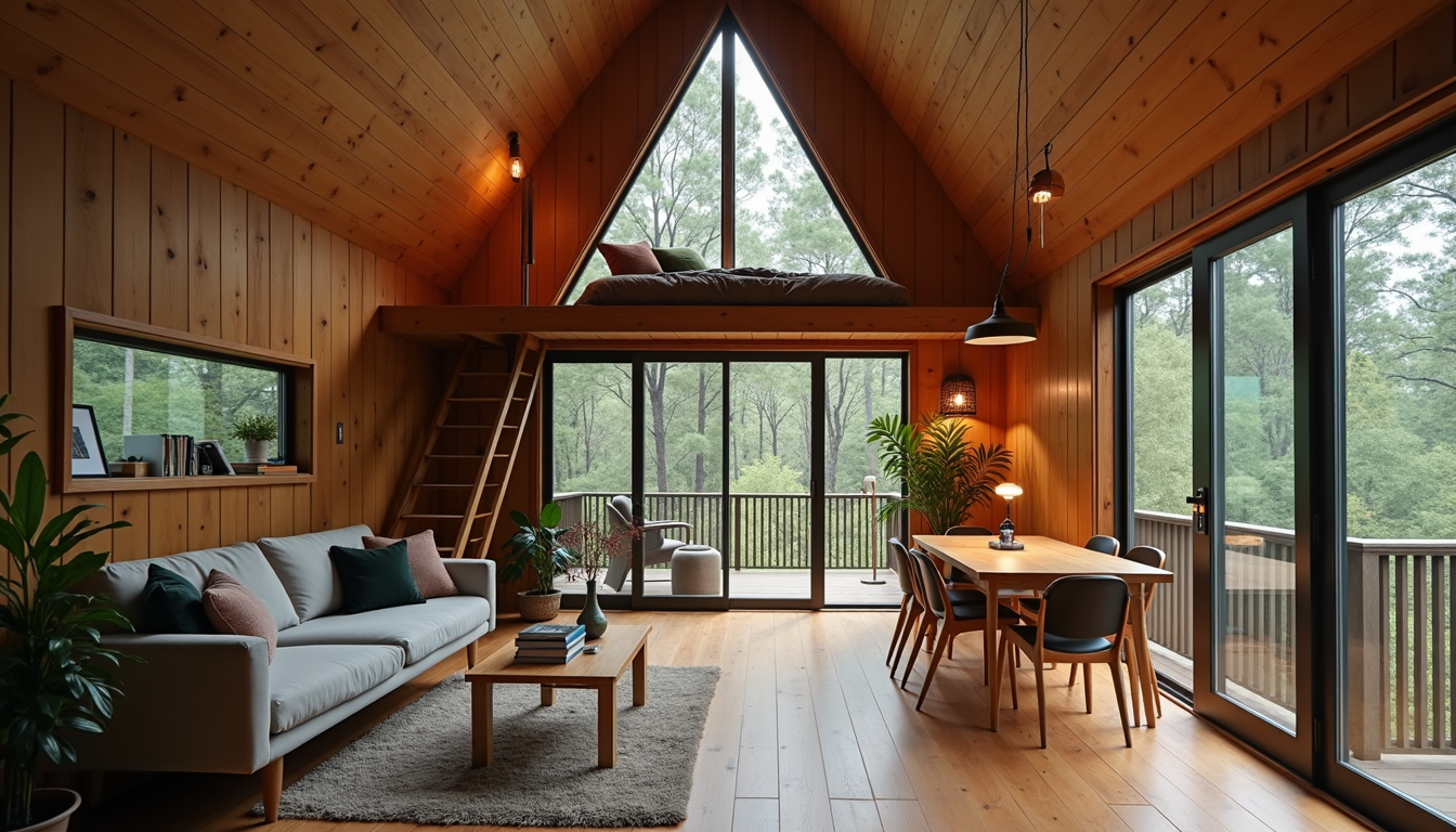 Interior of a cozy tiny A-frame cabin