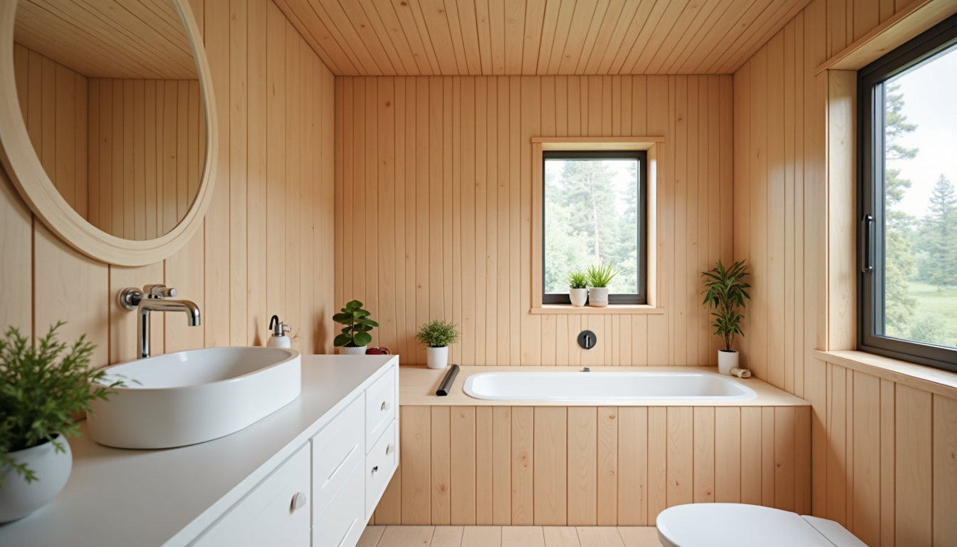Modern compact bathroom inside a wooden cabin