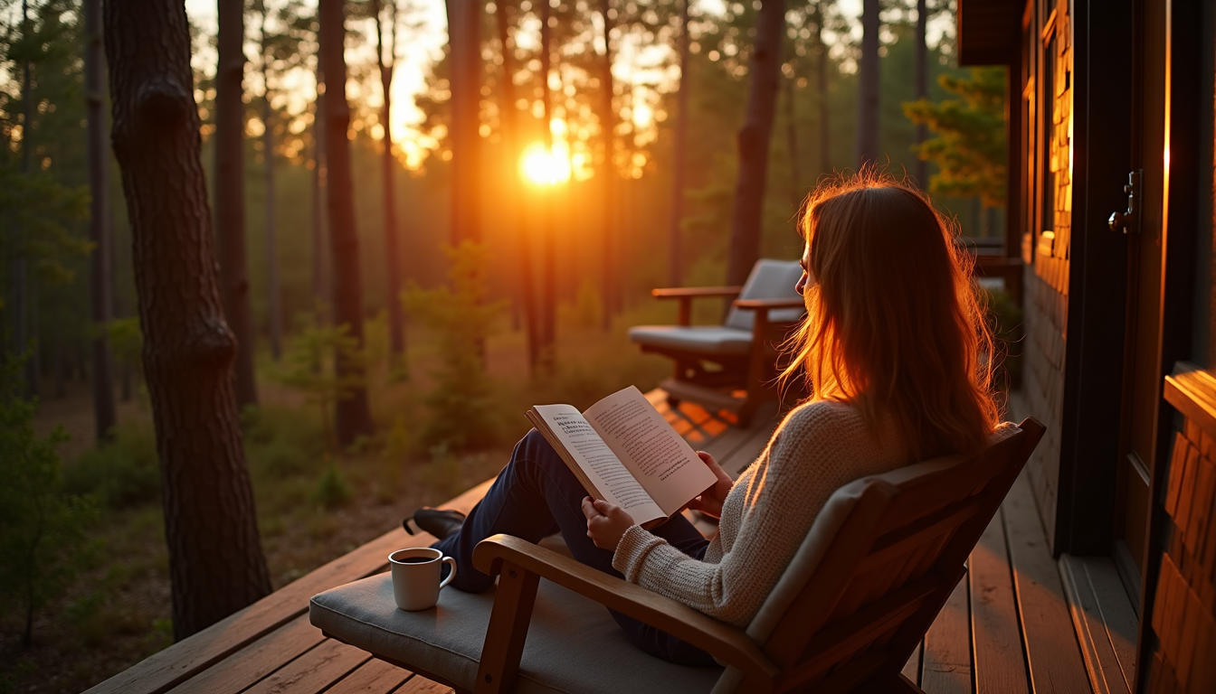 Person relaxing on a wooden deck of a tiny forest cabin at sunset