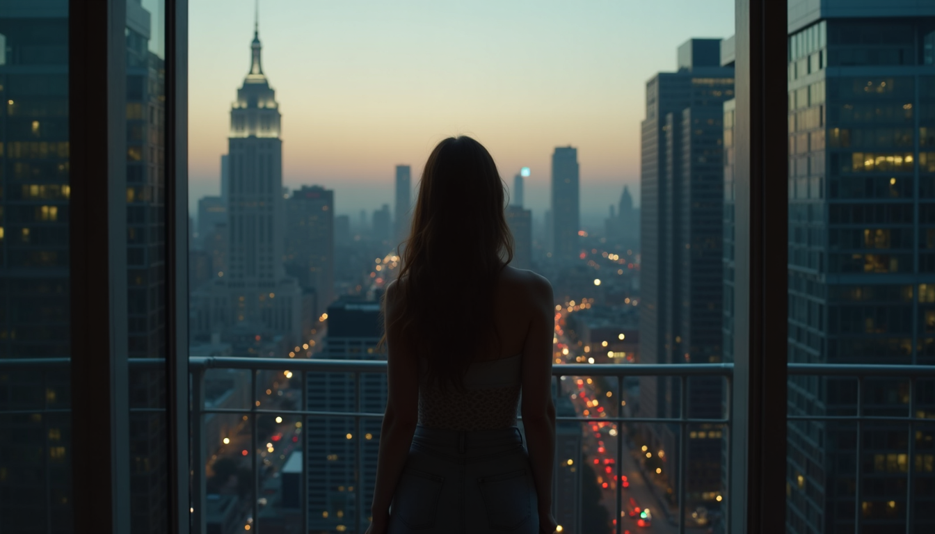 Woman standing on a balcony of a busy city apartment looking out at skyscrapers